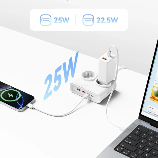 Розетка мережевої фільтр Orico PDC25 25W 6в1 2x AC 2x USB-A 2x USB-C White (6942227174628)