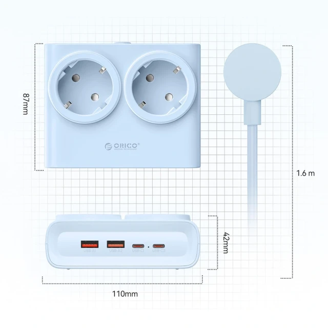 Сетевая розетка Orico PDC25 25W 6в1 2x AC 2x USB-A 2x USB-C Blue (6942227174635)