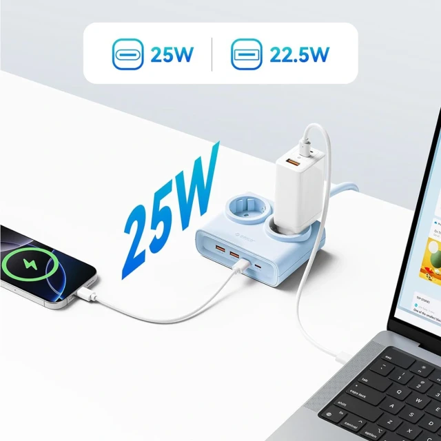 Сетевая розетка Orico PDC25 25W 6в1 2x AC 2x USB-A 2x USB-C Blue (6942227174635)