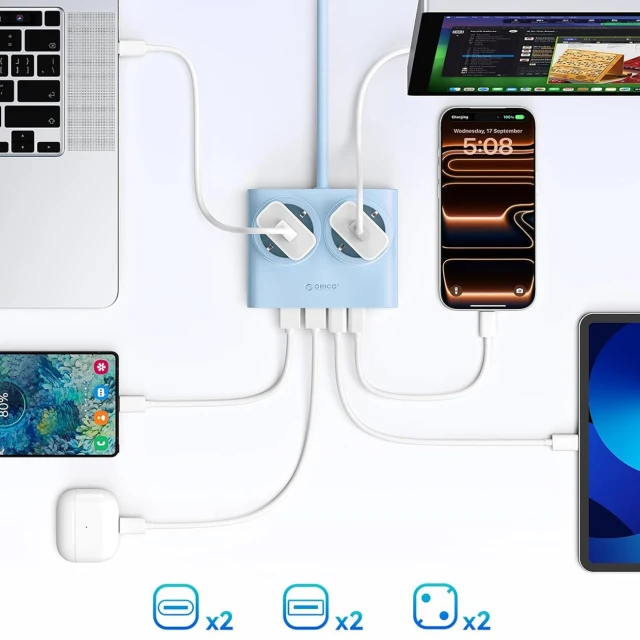 Сетевая розетка Orico PDC25 25W 6в1 2x AC 2x USB-A 2x USB-C Blue (6942227174635)