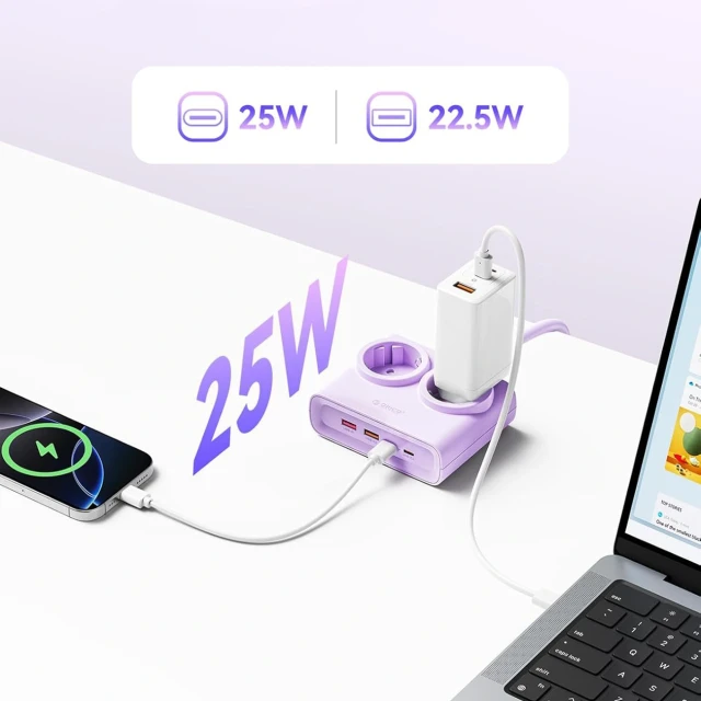 Блок живлення Orico PDC25 25W 6в1 2xAC + 2xUSB-A + 2xUSB-C Purple