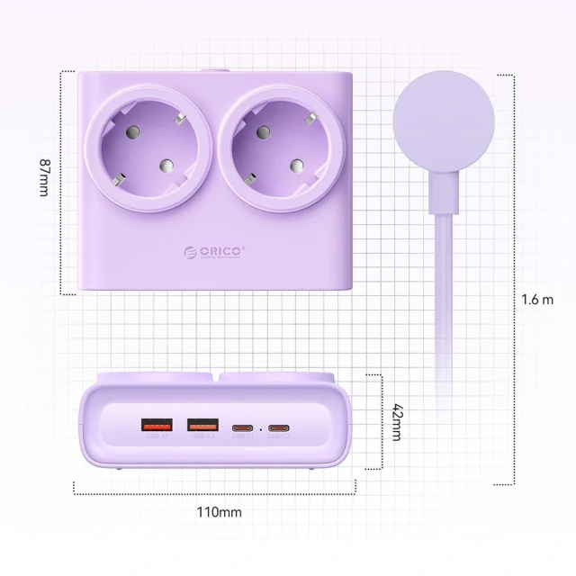 Блок живлення Orico PDC25 25W 6в1 2xAC + 2xUSB-A + 2xUSB-C Purple