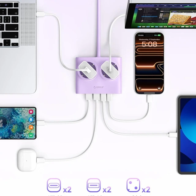 Блок живлення Orico PDC25 25W 6в1 2xAC + 2xUSB-A + 2xUSB-C Purple