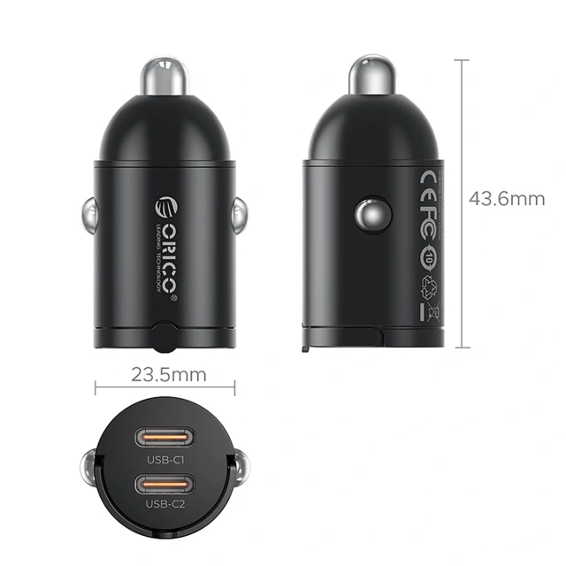 Зарядка автомобільна Orico MiniRing 30W 2x USB-C Black (6942227174680)