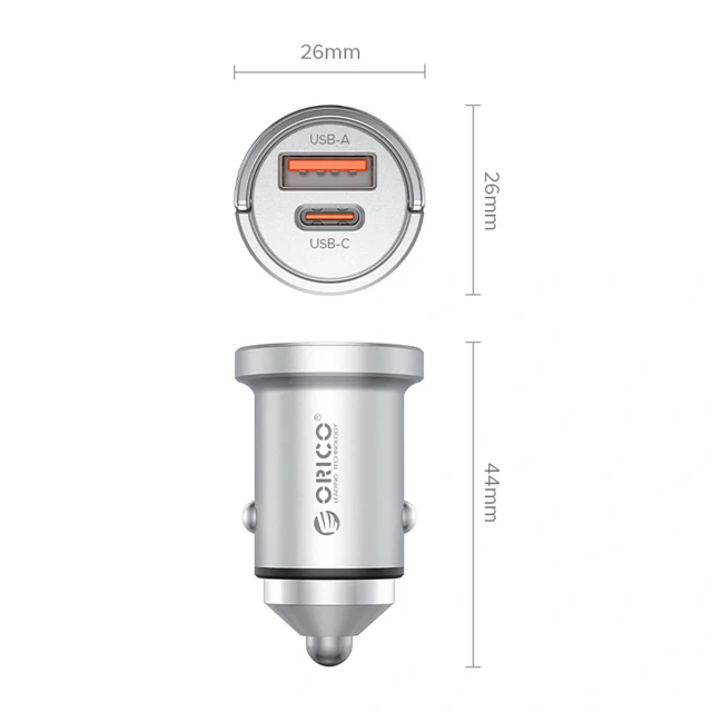 Автомобільна зарядка Orico MiniRing Pro 45W USB-A + USB-C Silver