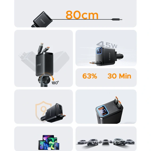 Зарядка автомобільна Orico Twin Reach 45W USB-A + USB-C з двома кабелями USB-C (6942227174710)