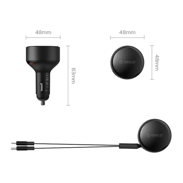 Зарядний пристрій автомобільний Orico Dual Stretch 60W USB-C 2x кабель USB-C + Lightning Black (6942227174727)
