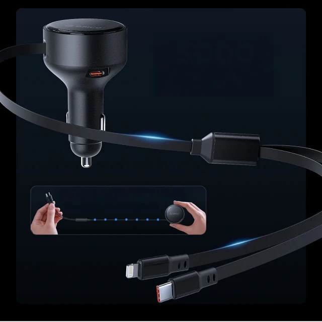 Зарядний пристрій автомобільний Orico Dual Stretch 60W USB-C 2x кабель USB-C + Lightning Black (6942227174727)