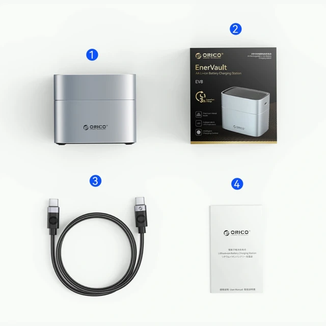 Зарядний пристрій Orico EV8 для акумуляторів AA Li-Ion Silver (6942227180599)