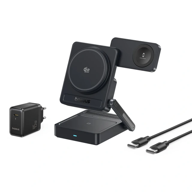 Бездротова зарядка Baseus PicoGo AF21 3в1 Qi2.2 35W з блоком живлення EU 45W і кабелем USB-C 1m Black (6942521200641)