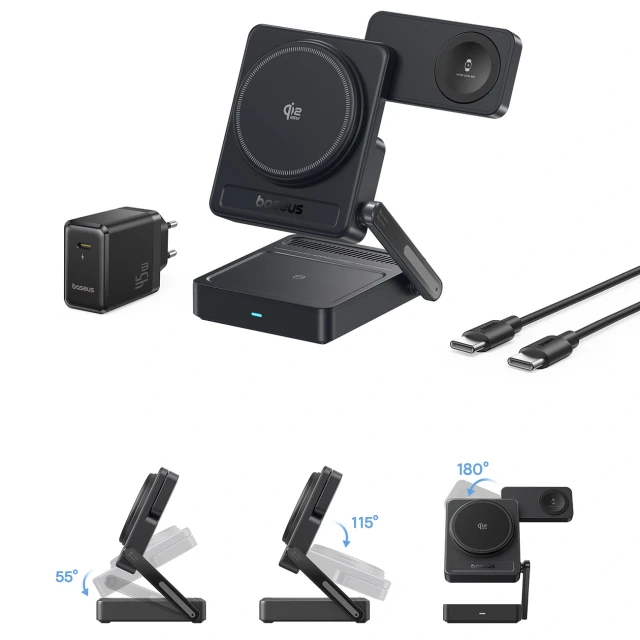 Бездротова зарядка Baseus PicoGo AF21 3в1 Qi2.2 35W з блоком живлення EU 45W і кабелем USB-C 1m Black (6942521200641)