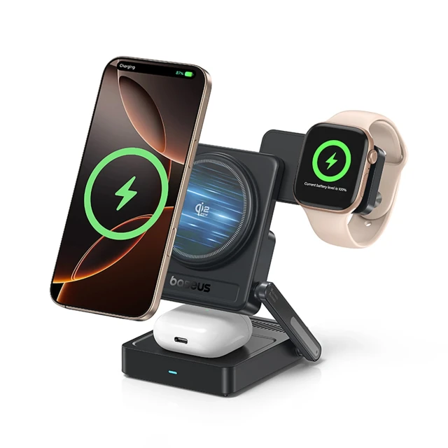 Бездротова зарядка Baseus PicoGo AF21 3в1 Qi2.2 35W з блоком живлення EU 45W і кабелем USB-C 1m Black (6942521200641)