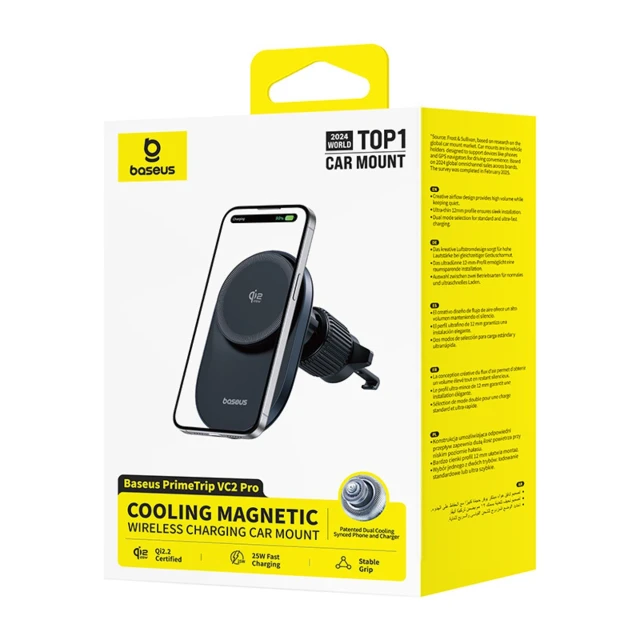 Автотримач Baseus PrimeTrip VC2 Pro з зарядкою Qi2.2 з вентилятором на дефлектор Black (6942521201426)