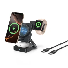 Бездротовий зарядний пристрій Baseus PicoGo AF21 3в1 Qi2.2 35W з кабелем USB-C 1м Black (6942521201723)