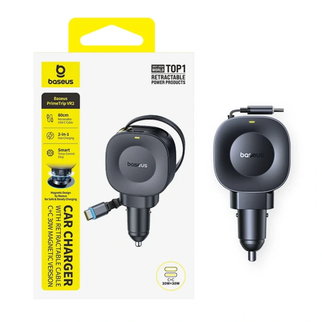 Автомобільна зарядка Baseus PrimeTrip VR2 30W + 30W зі згортуваним кабелем USB-C Black (6942521201761)