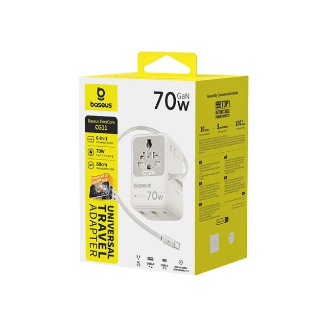 Адаптер подорожній Baseus EnerCore CG11 70W 6в1 зі згортуваним кабелем USB-C White (6942521202584)