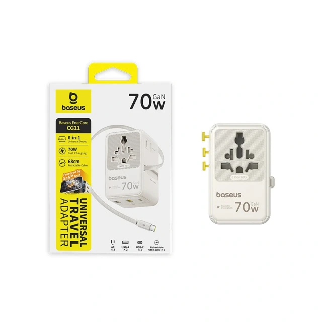 Адаптер подорожній Baseus EnerCore CG11 70W 6в1 зі згортуваним кабелем USB-C White (6942521202584)
