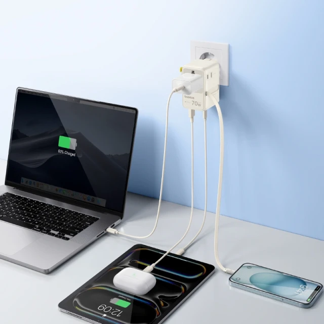 Адаптер подорожній Baseus EnerCore CG11 70W 6в1 зі згортуваним кабелем USB-C White (6942521202584)