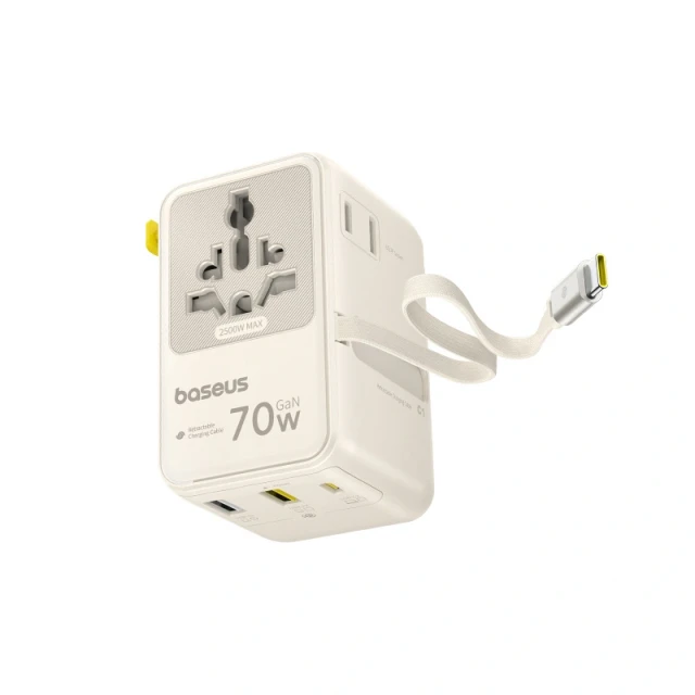 Адаптер подорожній Baseus EnerCore CG11 70W 6в1 зі згортуваним кабелем USB-C White (6942521202584)