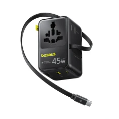 Адаптер подорожній Baseus PicoGo AG11 45W 6в1 зі згортуваним кабелем USB-C Black (6942521203475)