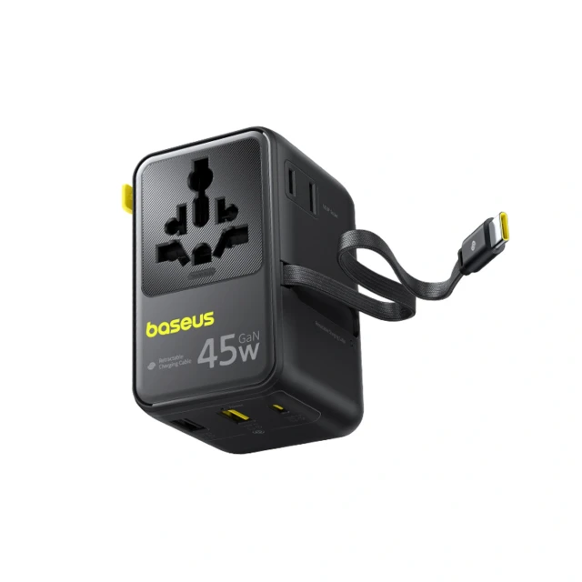 Адаптер подорожній Baseus PicoGo AG11 45W 6в1 зі згортуваним кабелем USB-C Black (6942521203475)