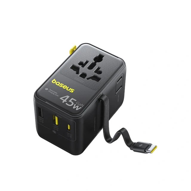 Адаптер подорожній Baseus PicoGo AG11 45W 6в1 зі згортуваним кабелем USB-C Black (6942521203475)