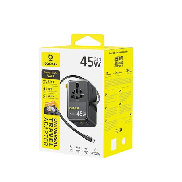 Адаптер подорожній Baseus PicoGo AG11 45W 6в1 зі згортуваним кабелем USB-C Black (6942521203475)