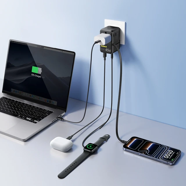 Адаптер подорожній Baseus PicoGo AG11 45W 6в1 зі згортуваним кабелем USB-C Black (6942521203475)