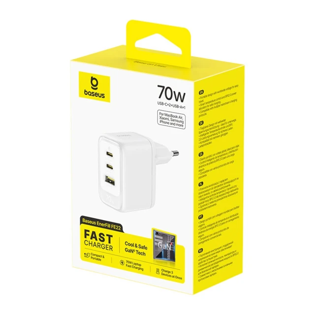 Мережевий зарядний пристрій Baseus EnerFill FE22 70W 2 x USB-C + USB-A White (6942521209705)