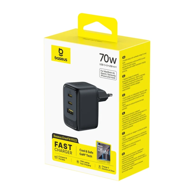 Мережевий зарядний пристрій Baseus EnerFill FE22 70W 2x USB-C + USB-A Black (6942521209712)