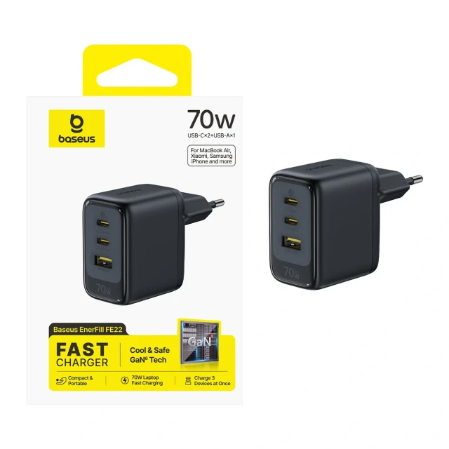 Мережевий зарядний пристрій Baseus EnerFill FE22 70W 2x USB-C + USB-A Black (6942521209712)