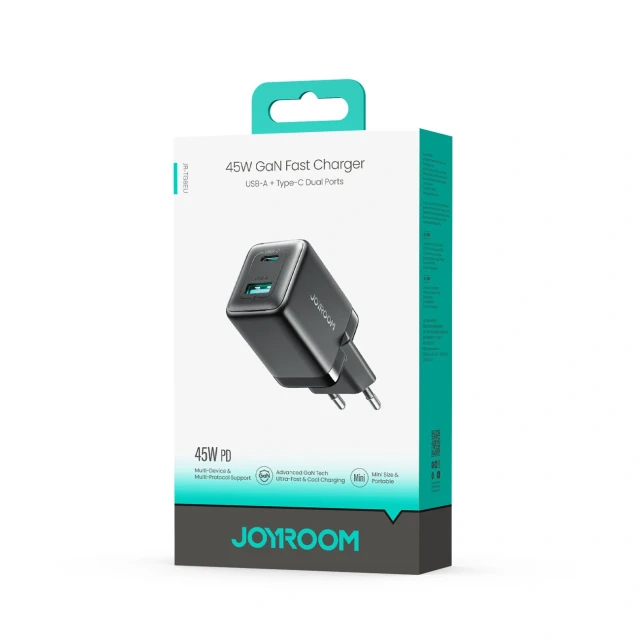 Мережева зарядка Joyroom JR-TG8 GaN 45W USB-C + USB-A Black (6942712400577)