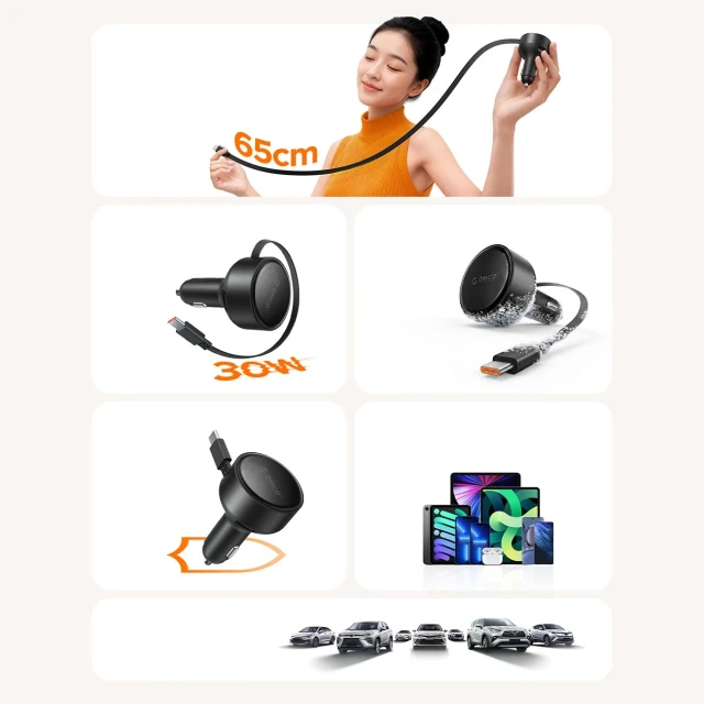 Зарядка автомобільна Orico FC-60-2C 60W USB-C 65 cm Black (6942886200362)
