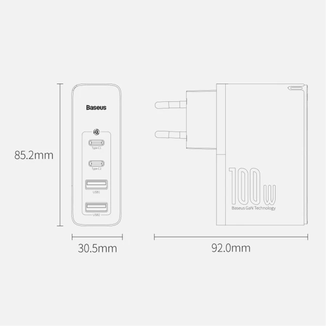 Мережевий зарядний пристрій Baseus GaN2 Pro 100W 2xUSB-C | 2xUSB-A White (CCGAN2P-L02)