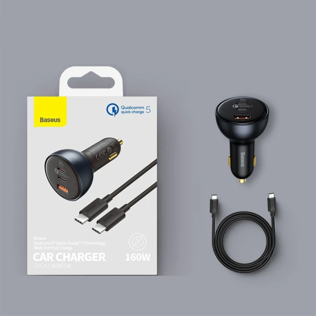 Автомобильное зарядное устройство Qualcomm Quick Charge 160W USB-A/2xUSB-C with USB-C to USB-C Cable Grey (TZCCZM-0G)