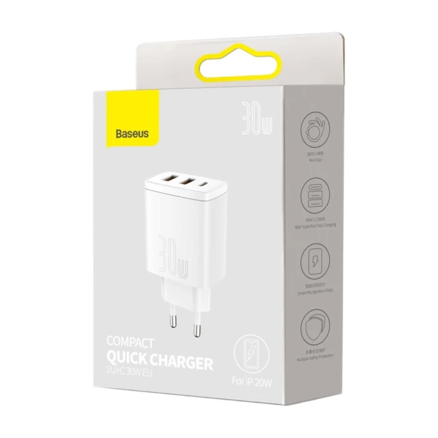 Сетевое зарядное устройство Baseus Compact QC 30W USB-C | 2xUSB-A White (CCXJ-E02)
