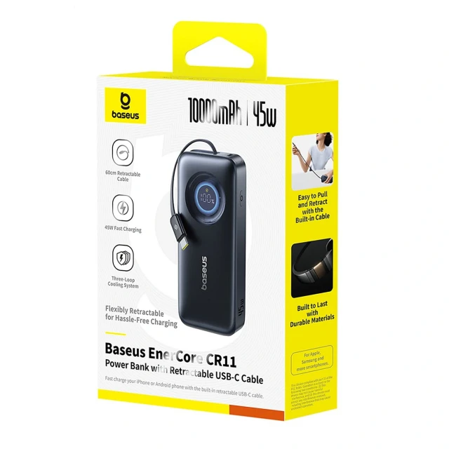 Powerbank Baseus EnerCore CR11 10000mAh 45W зі згортаємим кабелем USB-C чорний (6953156211926)