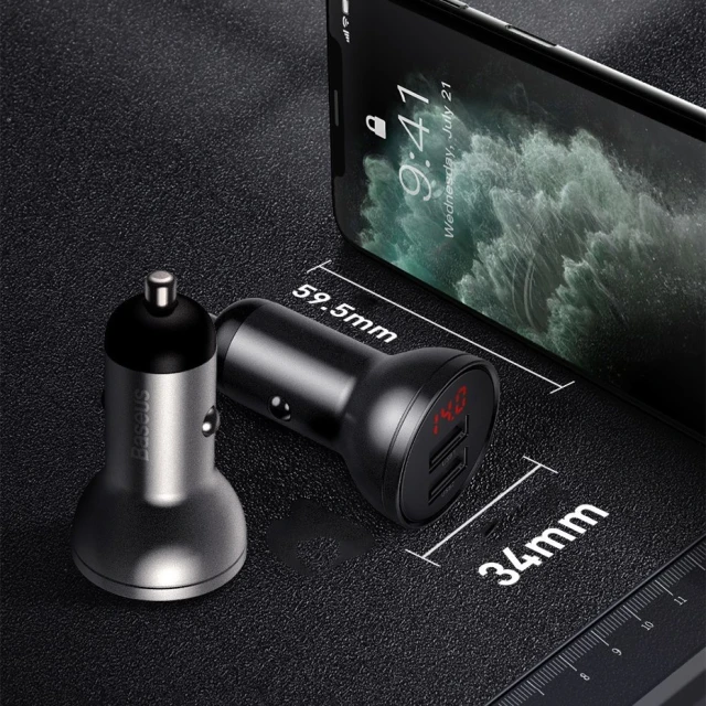 Автомобільний зарядний пристрій Baseus Digital Display 24W 2xUSB-A with USB-A to USB-C/Lightning/Micro-USB Cable Black (TZCCBX-0G)