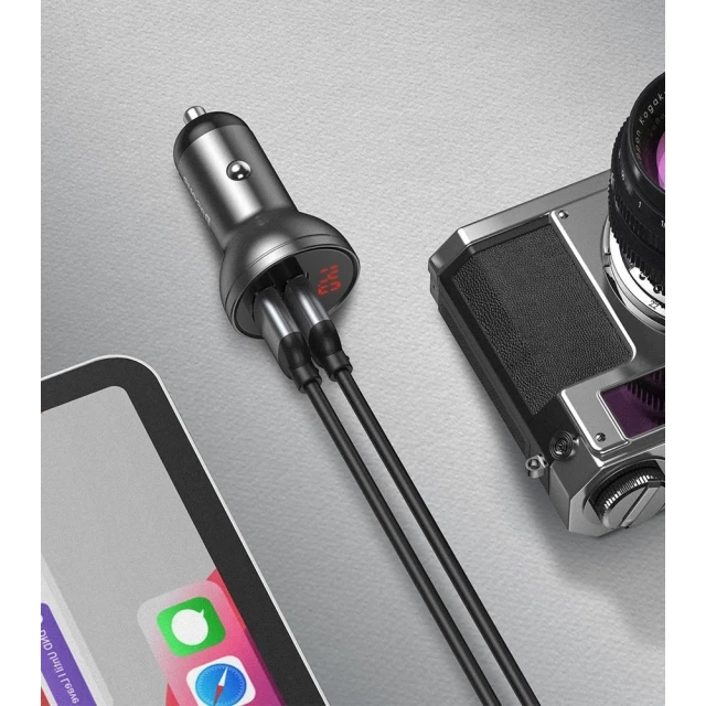 Автомобільний зарядний пристрій Baseus Digital Display 24W 2xUSB-A with USB-A to USB-C/Lightning/Micro-USB Cable Black (TZCCBX-0G)