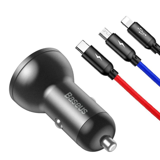 Автомобільний зарядний пристрій Baseus Digital Display 24W 2xUSB-A with USB-A to USB-C/Lightning/Micro-USB Cable Black (TZCCBX-0G)