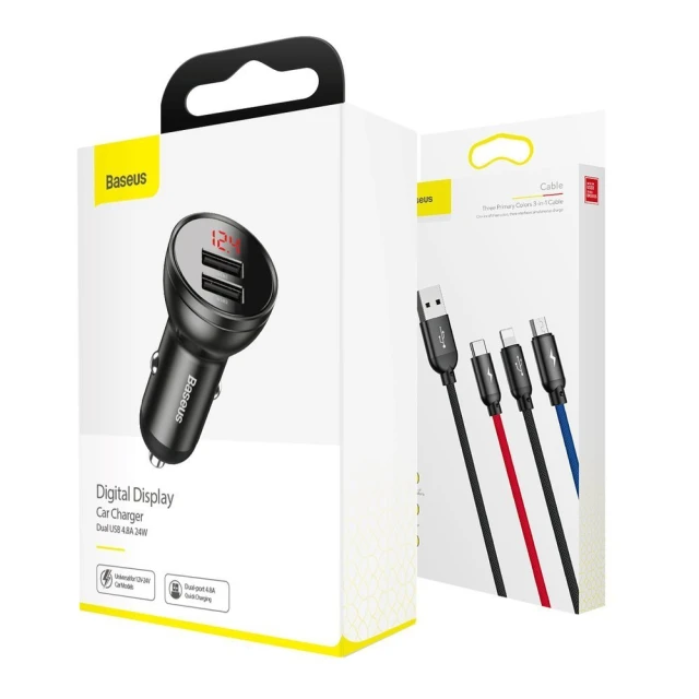 Автомобільний зарядний пристрій Baseus Digital Display 24W 2xUSB-A with USB-A to USB-C/Lightning/Micro-USB Cable Black (TZCCBX-0G)