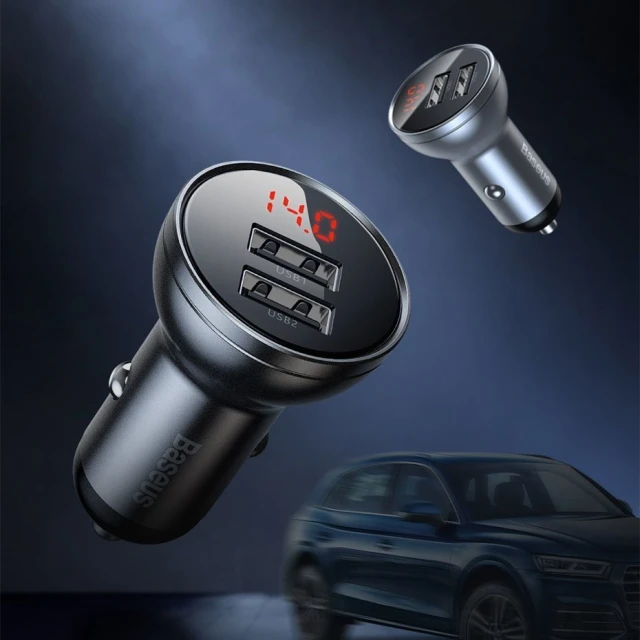 Автомобільний зарядний пристрій Baseus Digital Display 24W 2xUSB-A with USB-A to USB-C/Lightning/Micro-USB Cable Black (TZCCBX-0G)