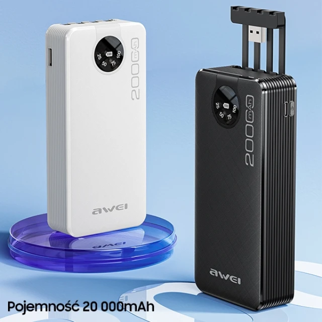 Павербанк AWEI P134K 20000mAh Black з дисплеєм + кабелі USB/PD/Lightning/MicroUSB (6954284004275)