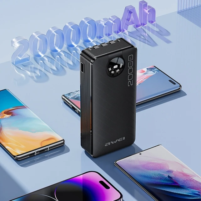 Павербанк AWEI P134K 20000mAh Black з дисплеєм + кабелі USB/PD/Lightning/MicroUSB (6954284004275)