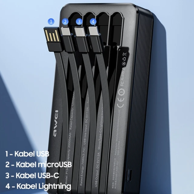 Павербанк AWEI P134K 20000mAh Black з дисплеєм + кабелі USB/PD/Lightning/MicroUSB (6954284004275)