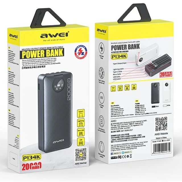 Павербанк AWEI P134K 20000mAh Black з дисплеєм + кабелі USB/PD/Lightning/MicroUSB (6954284004275)