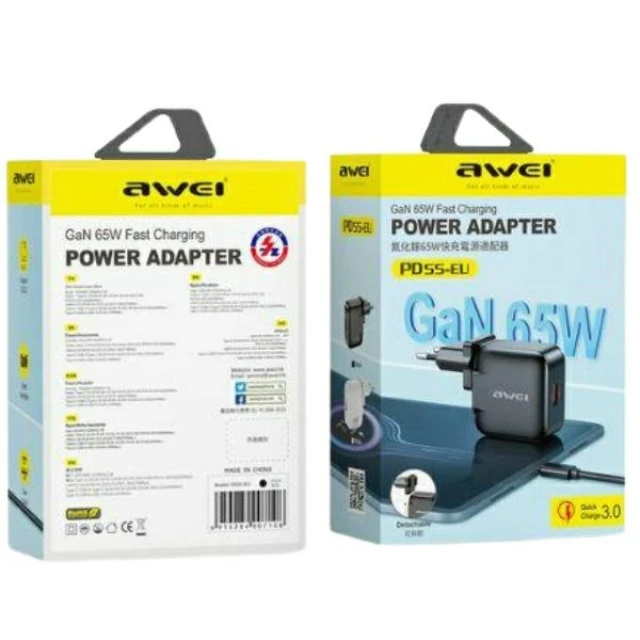 Сетевое зарядное устройство AWEI PD55-EU 65W USB + USB-C GaN Black (6954284007108)