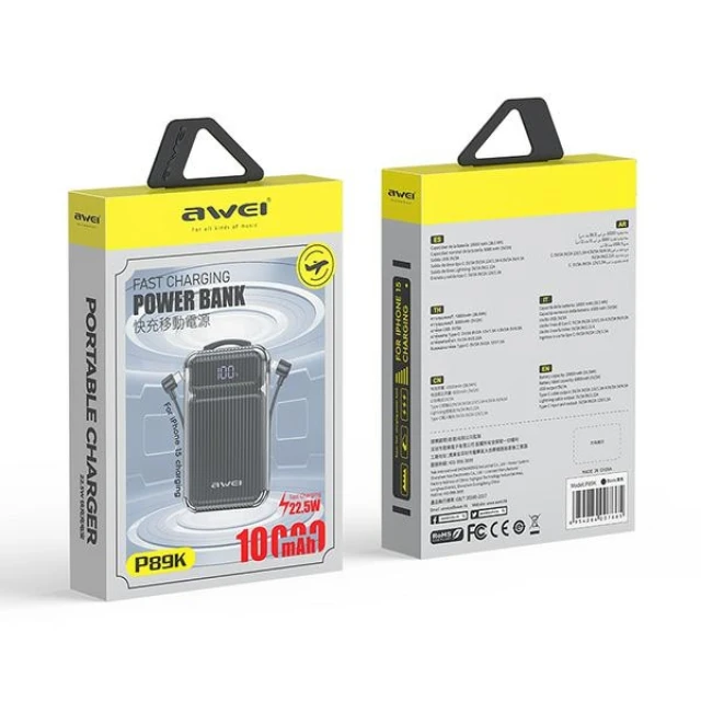 Павербанк AWEI P169K 20000mAh 22.5W Black з дисплеєм + кабелі PD/Lightning (6954284002455)