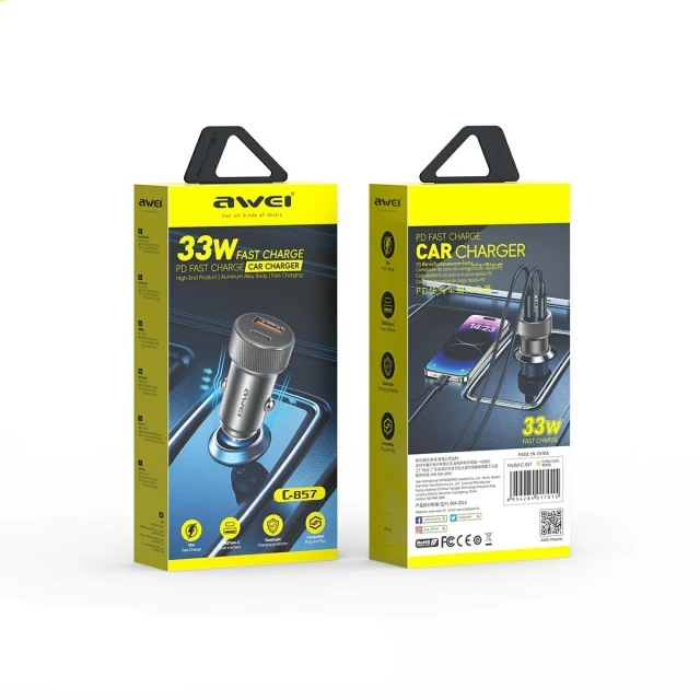 Автомобільний зарядний пристрій AWEI C-857 33W USB+USB-C Brown (6954284017015)