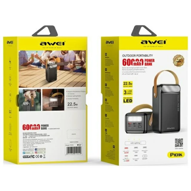 Внешний аккумулятор AWEI P101K 60000mAh 22.5W Black (6954284019040)